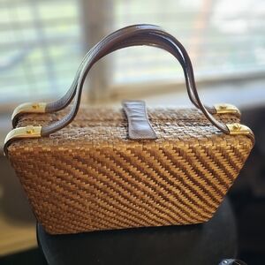 Rodo Italian Made Woven Straw Top-Handle Box Bag in Brown